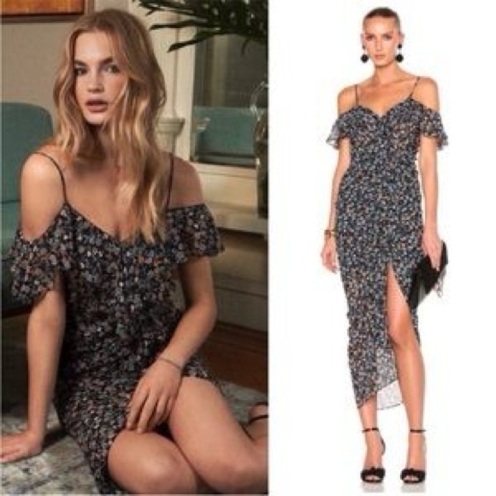 Veronica Beard Women's Marilyn V-Neck Floral Silk Ruched Ruffle Midi Dre…